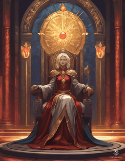 Loralyn, a serene Aasimar monk and baroness, exudes an ethereal presence in her throne room. With radiant golden eyes, short blond hair, and a soft celestial glow, she balances elegance and power. Poised with her glowing quarterstaff, she embodies unwavering resolve against the encroaching darkness.