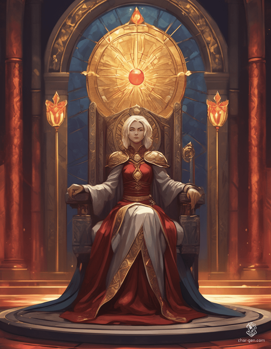 Loralyn, a serene Aasimar monk and baroness, exudes an ethereal presence in her throne room. With radiant golden eyes, short blond hair, and a soft celestial glow, she balances elegance and power. Poised with her glowing quarterstaff, she embodies unwavering resolve against the encroaching darkness.