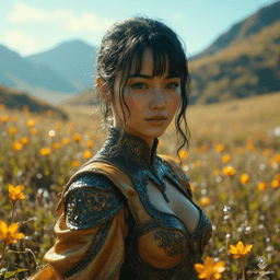 Jouli, a striking middle-aged investigator mage of East Asian descent, stands confidently in intricately embossed leather armor. Her pale skin shimmers in sunlight as she casts a defensive spell, surrounded by towering bookshelves. With a chic pixie cut and a fierce intelligence, she preserves ancient texts with grace.