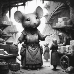 Meet Miri, a savvy female ratfolk shopkeeper with twitching whiskers and bright, beady eyes. Nestled in her cozy cheese shop, she expertly barters exotic cheeses and delightful rat-made trinkets, charming customers with her quick wit and infectious enthusiasm.