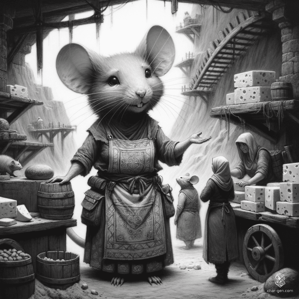 Meet Miri, a savvy female ratfolk shopkeeper with twitching whiskers and bright, beady eyes. Nestled in her cozy cheese shop, she expertly barters exotic cheeses and delightful rat-made trinkets, charming customers with her quick wit and infectious enthusiasm.