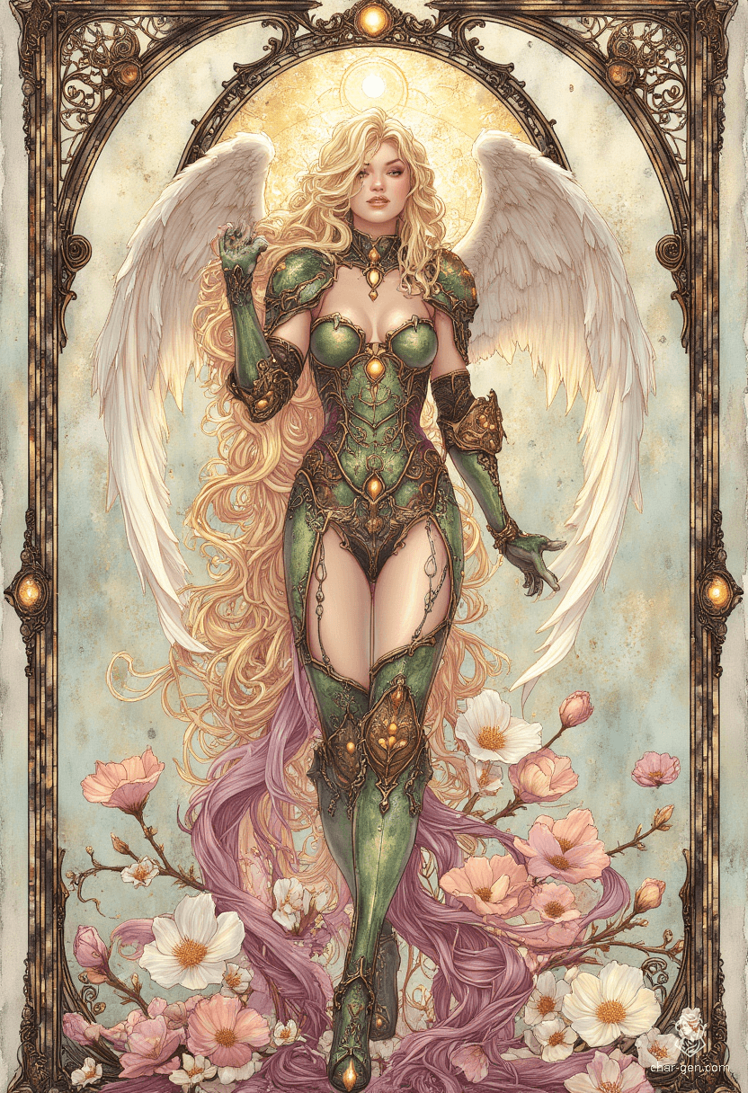Sigarda, a stunning female angel, gracefully floats through the sky adorned in shimmering green and gold armor. Her golden hair flows elegantly around her pale skin, while her solid gold, glowing eyes captivate all. Surrounded by intricate floral motifs, she embodies the harmony of nature and divine beauty.