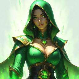 A playful human cleric, her emerald hooded robe slightly parted, reveals subtle allure beneath. Adorned with a golden medallion, her glowing skin and sparkling green eyes radiate warmth and mischief, captured in a painterly oil splash style that evokes the magical essence of her character.