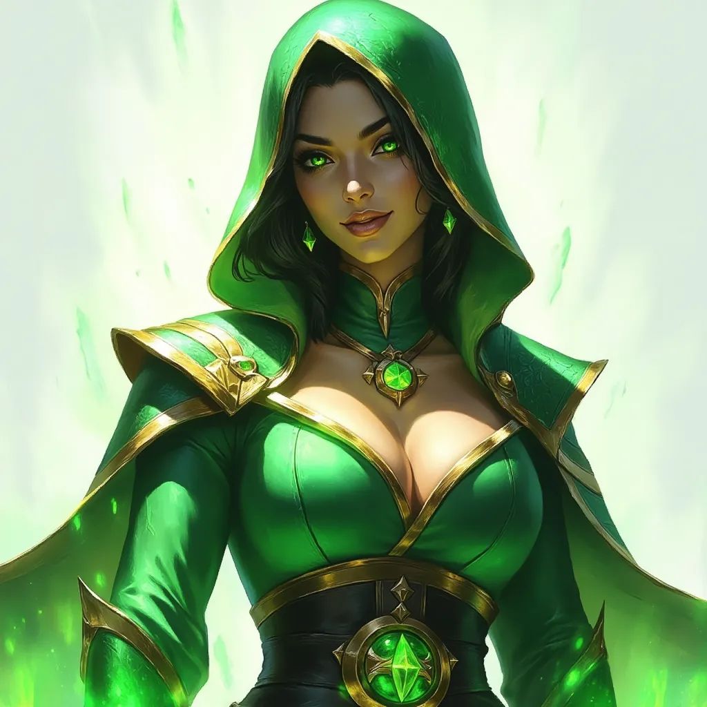 A playful human cleric, her emerald hooded robe slightly parted, reveals subtle allure beneath. Adorned with a golden medallion, her glowing skin and sparkling green eyes radiate warmth and mischief, captured in a painterly oil splash style that evokes the magical essence of her character.