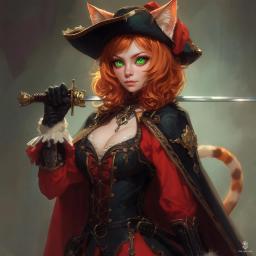 A striking female duelist bard blending French Renaissance elegance with feline grace. Wielding a rapier, she dons a a cavalier hat, shoulder cape, and intricate costume, her ginger hair, green cat-like eyes, cat ears, and tail adding a mystical, agile edge to her poised, dynamic presence.