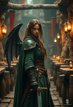 Miatte Derethian is a 30-year-old human fighter, haunted by her past and driven to protect the innocent. With striking pale skin, rich espresso hair, and green eyes, she wields her longsword with precision, clad in a distinct winged cloak. A survivor from the fallen island of Dereth, she battles monsters to exorcise her own demons while communicating with unseen spirits.