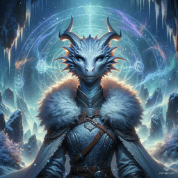 A silver-skinned female dragonborn sorcerer stands poised in a snowy mountaintop cave, cloaked in warm fur and arcane-etched garments. Surrounded by translucent ice mephits and a psychic magical aura, her frosted scales shimmer amid the cold, mystical energy of the icy, dramatic landscape.