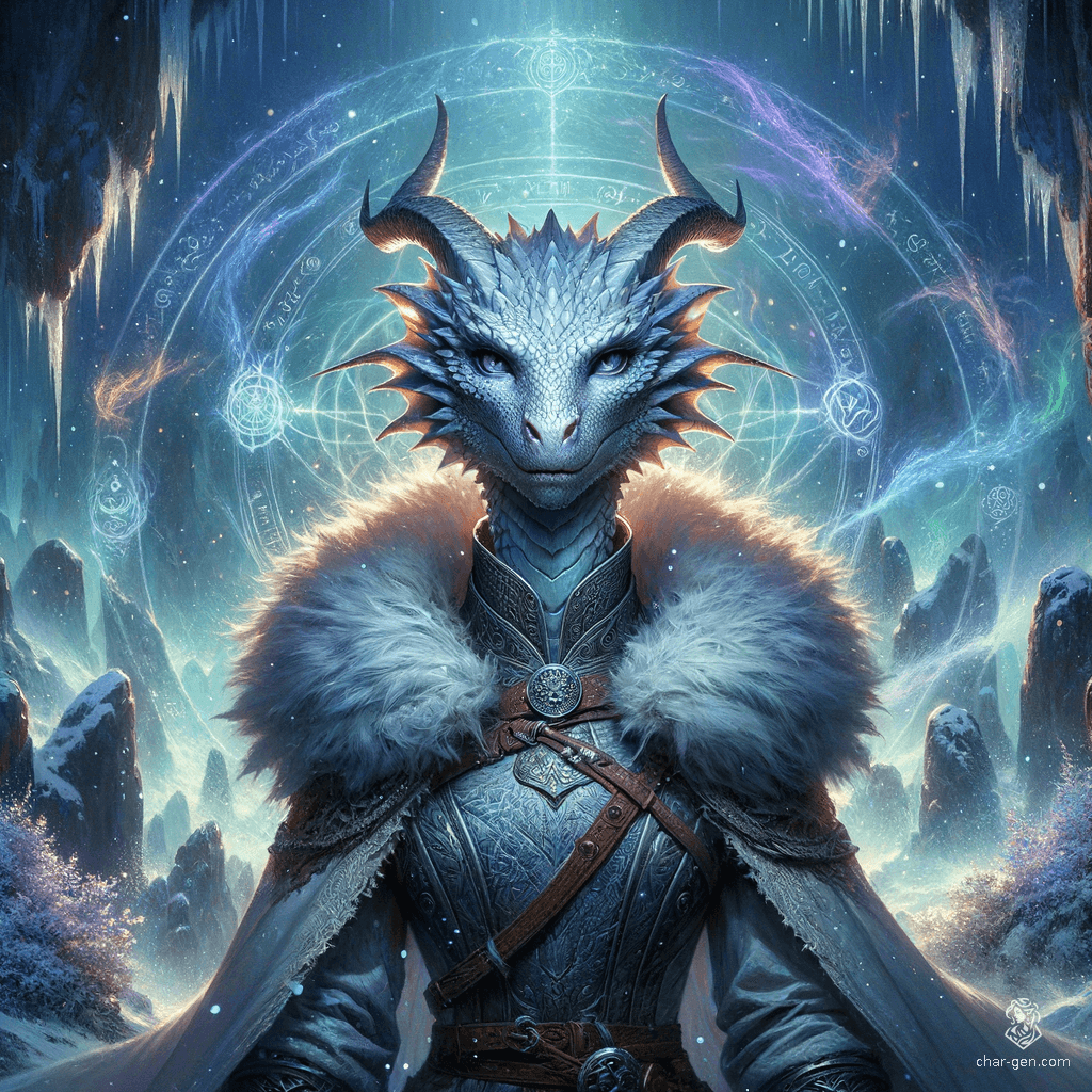 A silver-skinned female dragonborn sorcerer stands poised in a snowy mountaintop cave, cloaked in warm fur and arcane-etched garments. Surrounded by translucent ice mephits and a psychic magical aura, her frosted scales shimmer amid the cold, mystical energy of the icy, dramatic landscape.