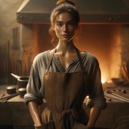 A strong, muscular young female blacksmith with medium-toned skin and brown hair tied in a bun. She wears a brown apron, embodying skilled craftsmanship and resilience, standing confidently at her forge with a focused, determined gaze.