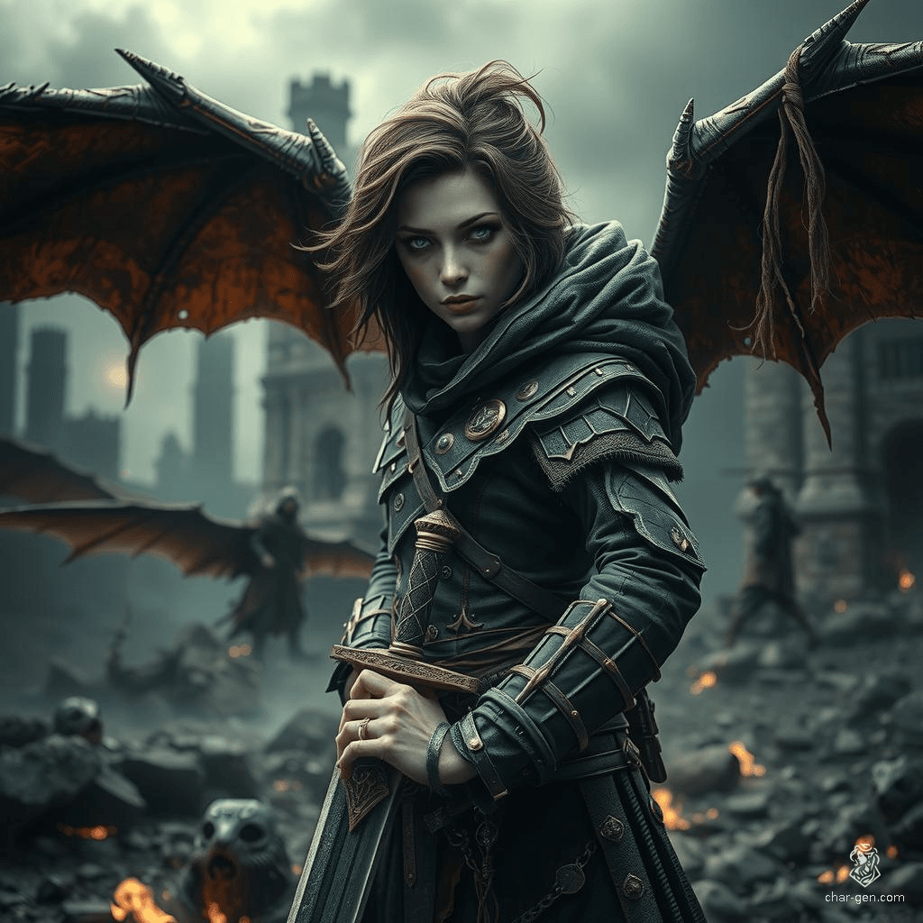 Miatte Derethian, a haunted human fighter from Dereth, is a sword-fighting champion and battlemaster. Standing 5'6" with pale skin, green eyes, and rich espresso brown hair, she wields a longsword and dons a winged cloak. Guided by spirits, she battles monsters to protect the innocent, driven by her tragic past.