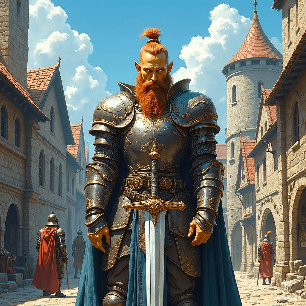 A tall, gaunt githzerai paladin with rough yellow skin and a Voldemort-like skull nose stands resolute. His russet hair is tied in a topknot, exuding a dignified aura. This formidable protector combines unexpected grace with an indomitable spirit, ready to defend those in need.