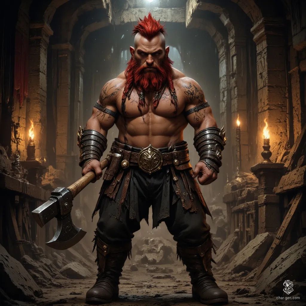 A fierce young male Dwarf berserker with a dark blood-red Mohawk and braided Viking beard, marked by a battle scar over one eye. Clad in worn black leather and rune-etched iron armor, he wields an enchanted battleaxe. A confident miner and warrior, his fair skin contrasts with dust and tattoos of status.