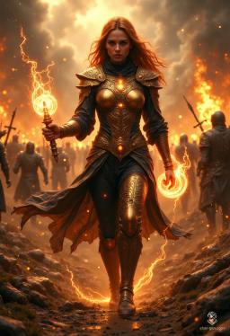 Amelia, a young human cleric, exudes serene determination. Clad in gleaming copper armor etched with glowing runes and divine symbols, she wields a radiant magical mace. Her flowing light orange hair and elegant silhouette embody both strength and devotion in a mystical, heroic fantasy world.