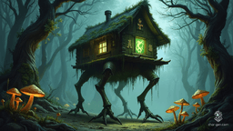 Baba Yaga's hut, perched on massive, sinewy chicken legs, strides through a dark, enchanted forest. The ancient, moss-covered wooden hut, inscribed with glowing runes, emits an eerie green light from its windows. Twisted trees and luminescent mushrooms cloaked in mist set the ominous, mystical scene.