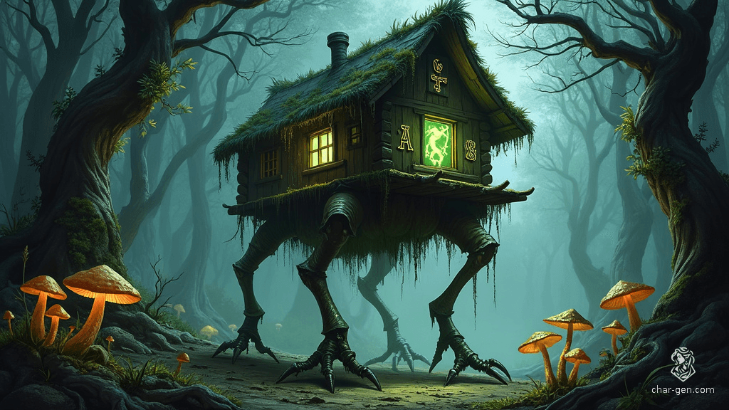 Baba Yaga's hut, perched on massive, sinewy chicken legs, strides through a dark, enchanted forest. The ancient, moss-covered wooden hut, inscribed with glowing runes, emits an eerie green light from its windows. Twisted trees and luminescent mushrooms cloaked in mist set the ominous, mystical scene.