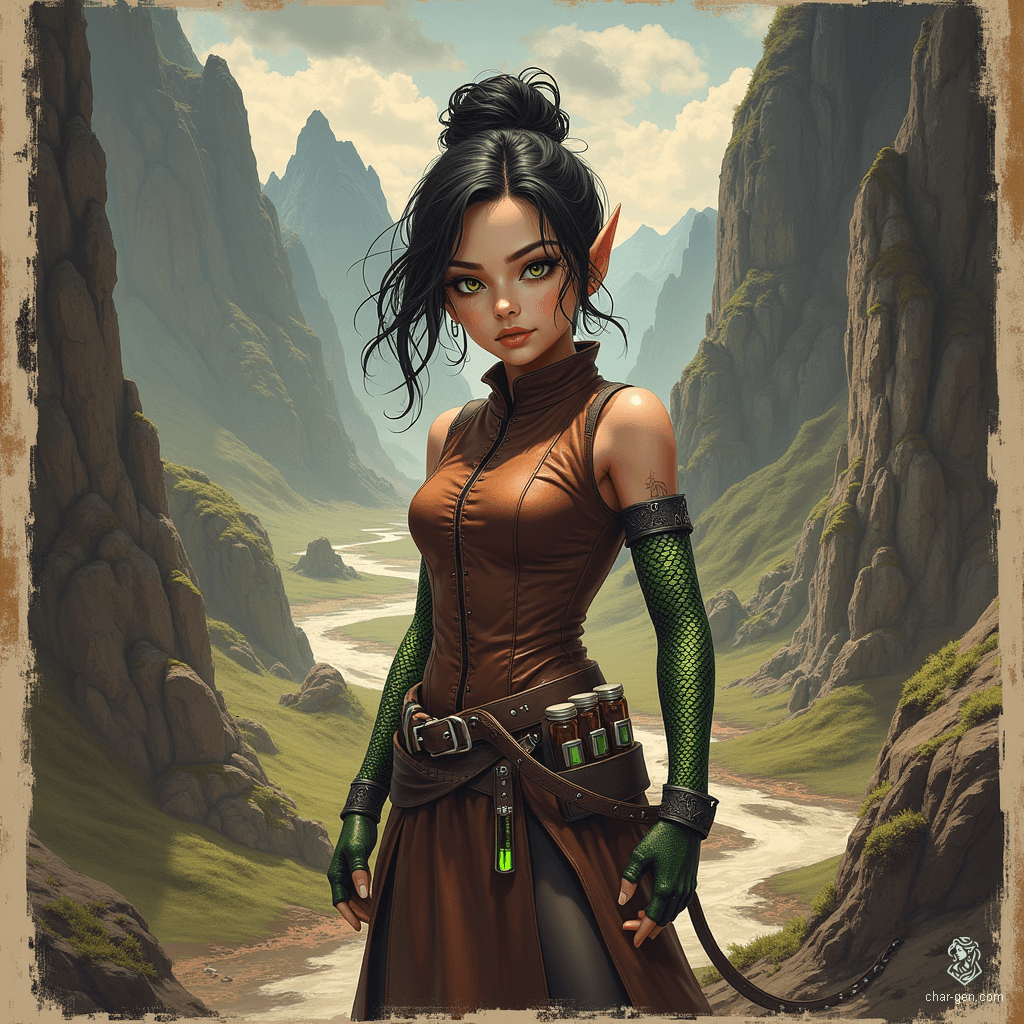 Izzy, the newly emancipated halfling assassin, is a perky yet deadly crossbow specialist. Standing at 1.5 meters, she possesses an alluring figure and snake-like yellow-green eyes. Adorned in a tight brown leather tunic, her shimmering green scales hint at her dangerous nature. With concealed daggers at the ready, she embodies stealth and cunning in her thrilling pursuit of prey.