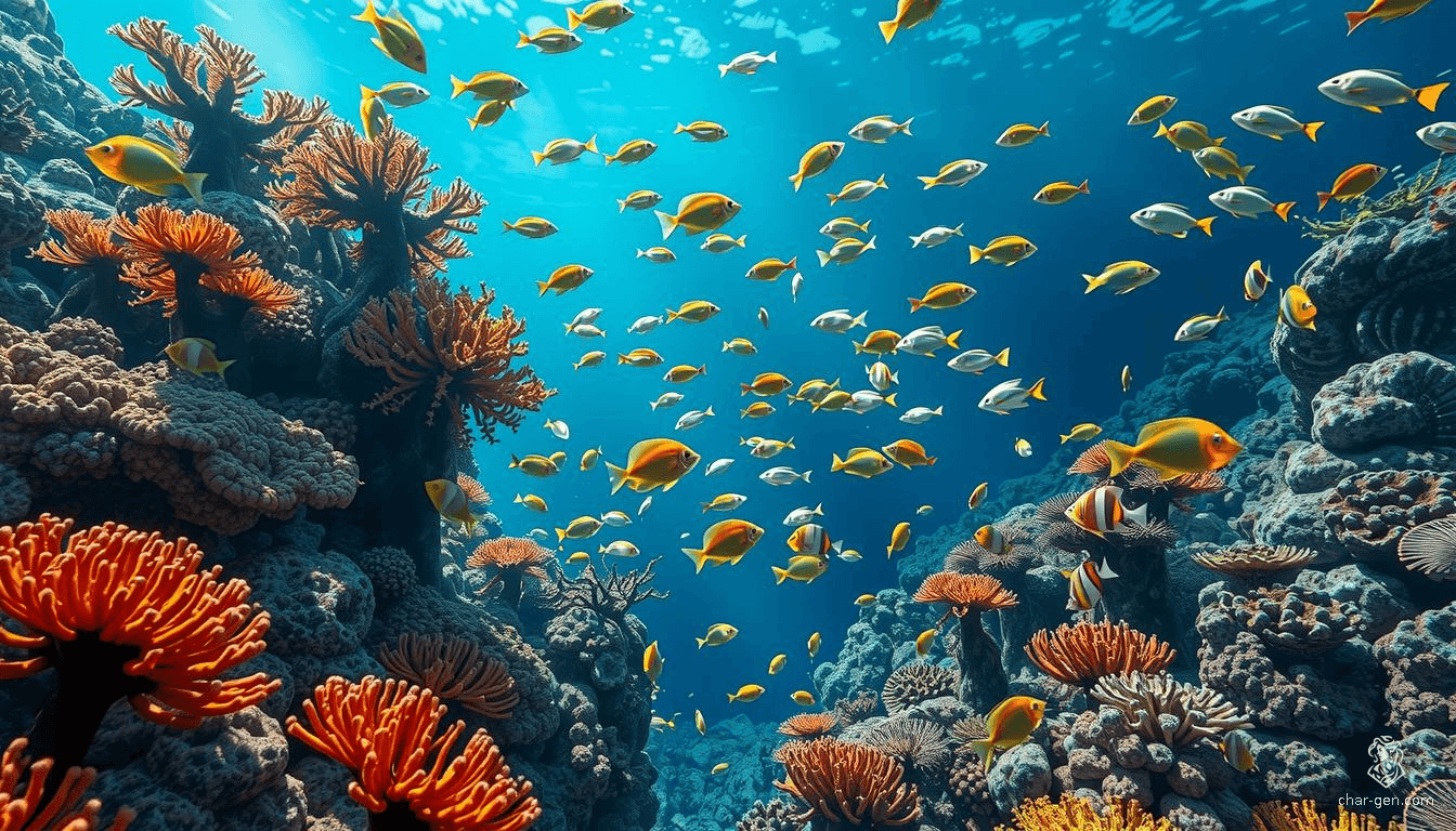 A mesmerizing coral reef bursts with an explosion of vibrant colors, teeming with tropical fish. The hyperrealistic scene captures intricate coral formations and shimmering scales of fish, creating an underwater tapestry of life and beauty. High detail and vivid hues enchant the viewer in this surreal aquatic paradise.