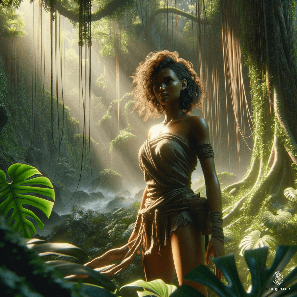 This tranquil half-elf monk embodies serenity with her fluid posture and calm expression. Her curly hair frames her distinct tan skin, highlighting her resilience. Clad in a torn loincloth, she navigates the world with grace, a testament to her discipline and strength.