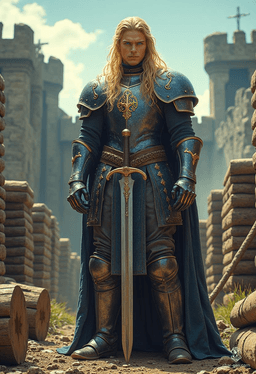 Logan, a noble paladin of House Falendar, stands tall at 6'2" with fair skin and long blond hair. Driven by a desire to avenge his family, he wields a dagger and a family heirloom longsword with unwavering honor. With sharp blue eyes, he fights fiercely for the defenseless.