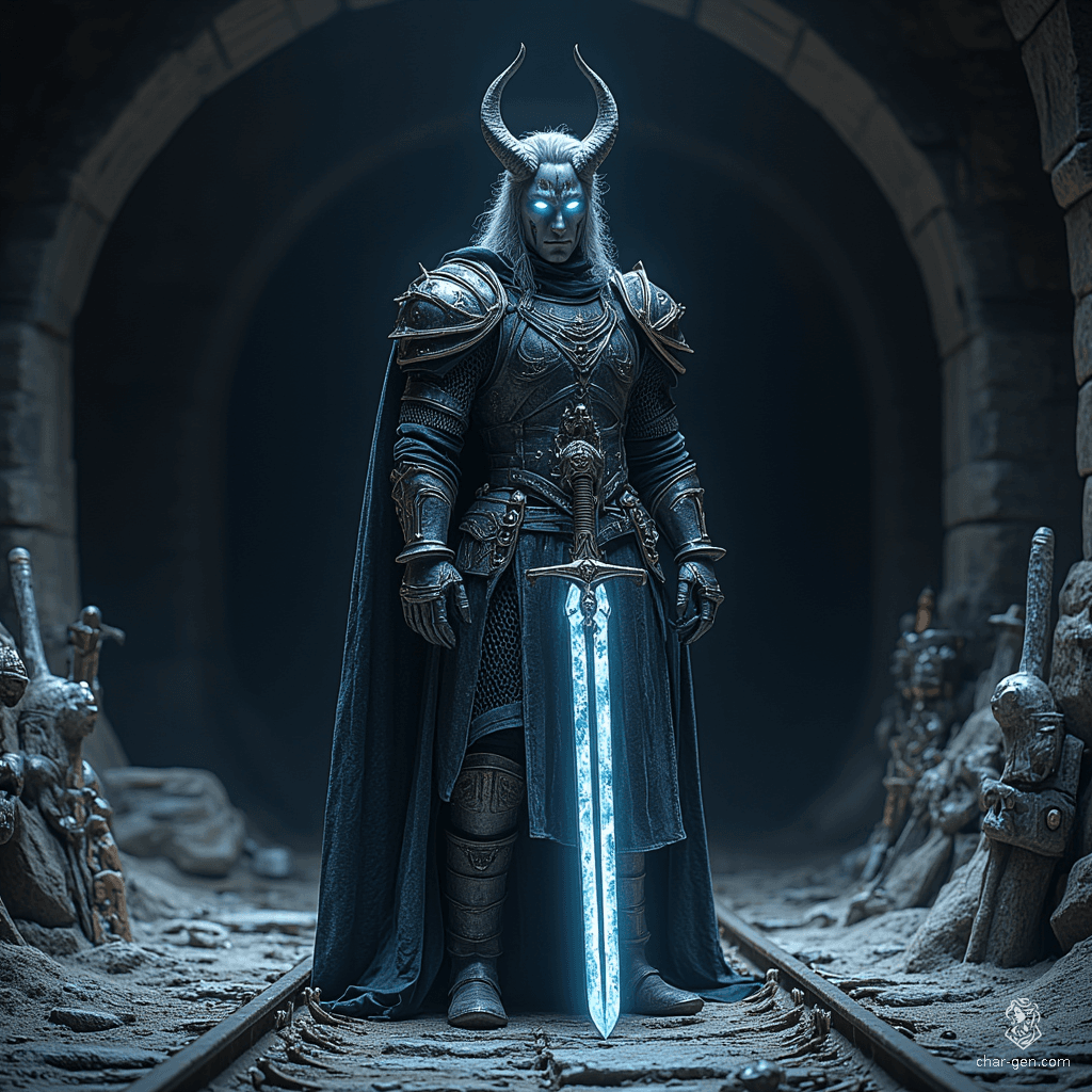 Elceran, a 347-year-old shadar-kai fighter, stands tall at 6 feet with raven hair, obsidian eyes, and a greyish complexion. Clad in intricate splint armor, he wields a greatsword, haunted by guilt and seeking redemption while conversing with unseen spirits. Compassion eludes him as he embraces his shadowy heritage.