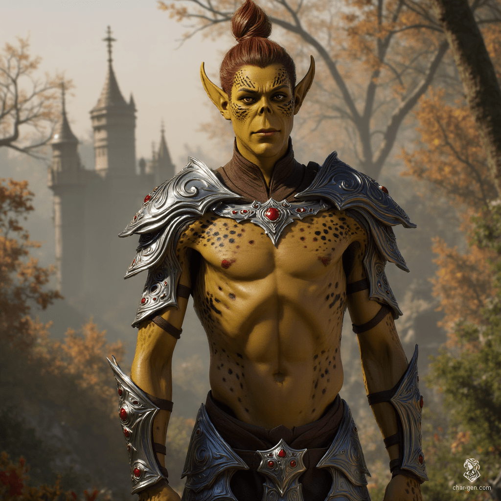 A tall, gaunt githyanki warrior, clad in gleaming plate armor, exudes an imposing presence. His rough, dirty yellow skin contrasts with russet hair tied in a topknot, while his Voldemort-like skull nose adds an eerie aura to his formidable visage.