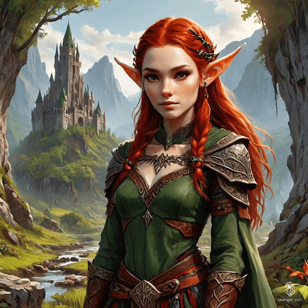 Keyleth, a 17-year-old female Half-Elf druid, is wise and deeply connected to nature and animal companions. With fair skin, brown eyes, and striking cherry-red hair, she embarks on her Aramente quest. Socially awkward yet endearing, Keyleth seeks to prove herself as a capable leader of the Air tribe.