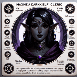 Szatha, a 19-year-old Dark Elf Cleric, is a nimble and charismatic figure with jet-black skin and black eyes. Standing at 5'10" and weighing 136 lbs, she embodies wisdom and intelligence. Her holy symbol, a Black Onyx with a Purple ring, marks her divine calling.