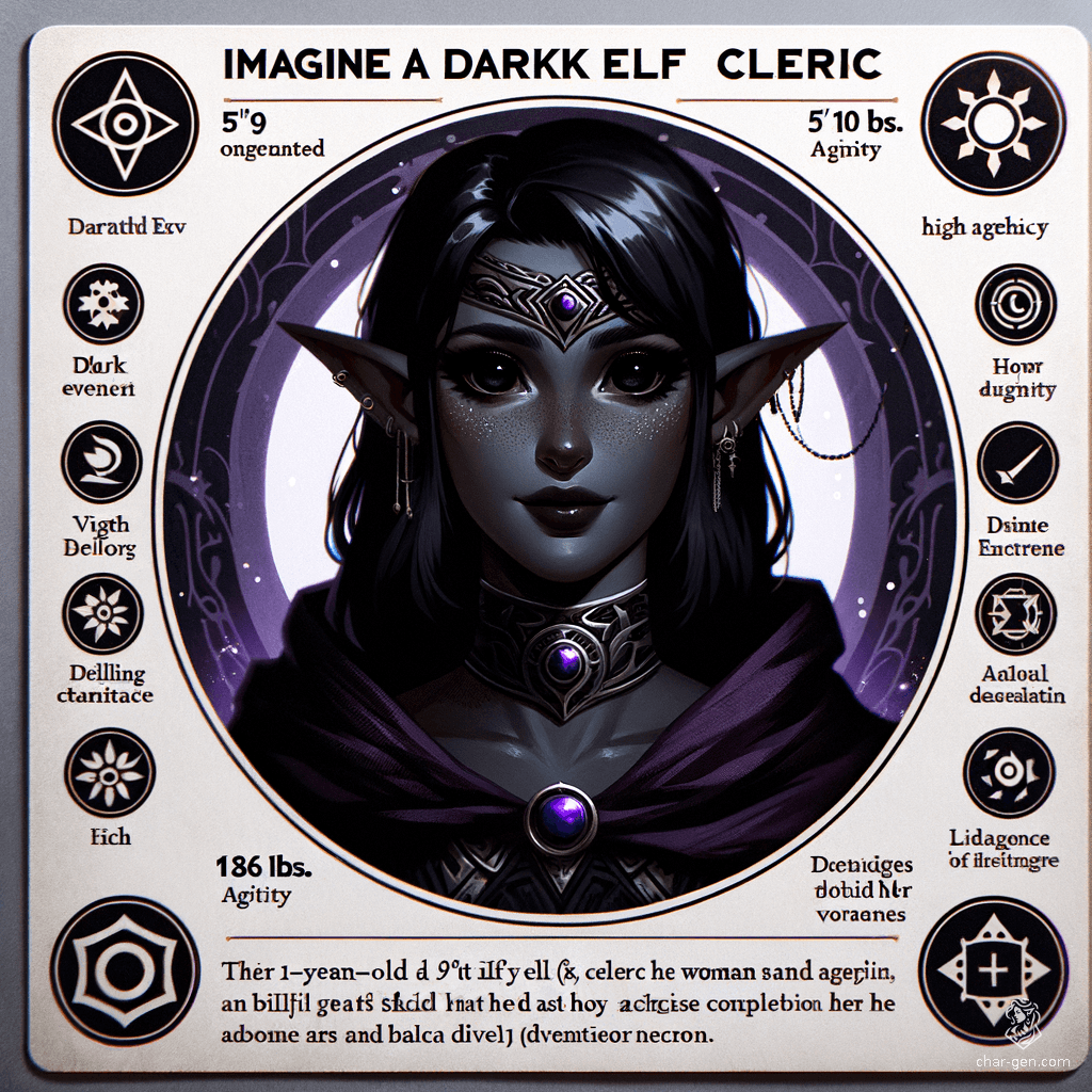 Szatha, a 19-year-old Dark Elf Cleric, is a nimble and charismatic figure with jet-black skin and black eyes. Standing at 5'10" and weighing 136 lbs, she embodies wisdom and intelligence. Her holy symbol, a Black Onyx with a Purple ring, marks her divine calling.