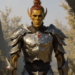 A tall, gaunt githyanki warrior, clad in gleaming plate armor, exudes an imposing presence. His rough, dirty yellow skin contrasts with russet hair tied in a topknot, while his Voldemort-like skull nose adds an eerie aura to his formidable visage.