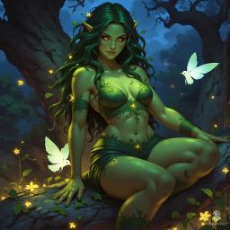 This enchanting dryad embodies the essence of nature with her emerald hair woven from roots and blossoms. Glimmering in a sunlit meadow, she captivates with her luminous eyes and green skin, surrounded by ancient trees and sparkling fairies in a dreamlike, ethereal atmosphere.