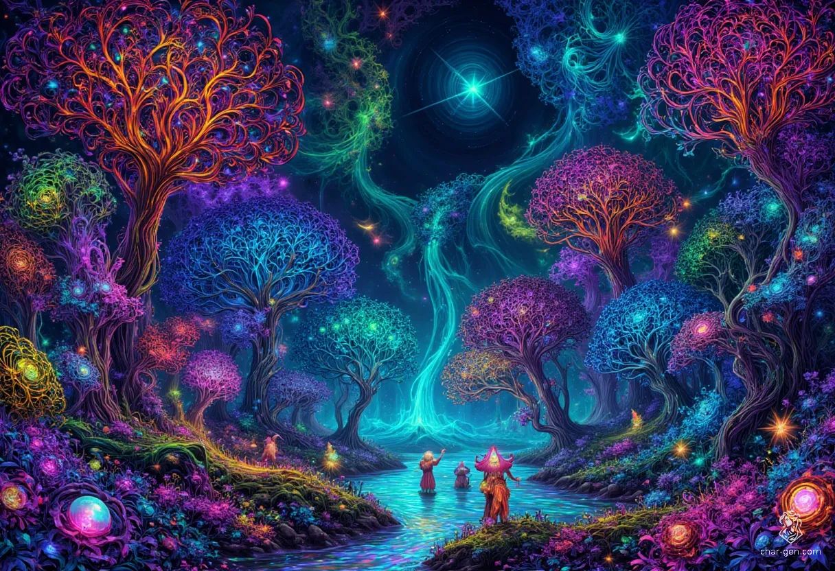 Amidst the enchanted woodlands, vibrant hues swirl like liquid jewels, creating a dreamlike tapestry of kaleidoscopic shapes. Fireflies flicker in wild abandon, while fantastical creatures whirl in joyous revelry beneath a starry embrace. Reality bends and dances, merging realms in a mesmerizing symphony of chaotic magic.