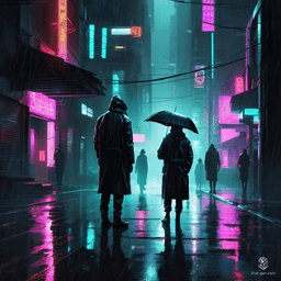 In a moody, tech-noir cityscape, rain-soaked streets glisten under glaring neon lights. Shadowy figures drift through dark alleys, sleek cybernetic elements blend with futuristic urban design, and high-contrast visuals evoke a sense of imminent danger lurking around every corner.
