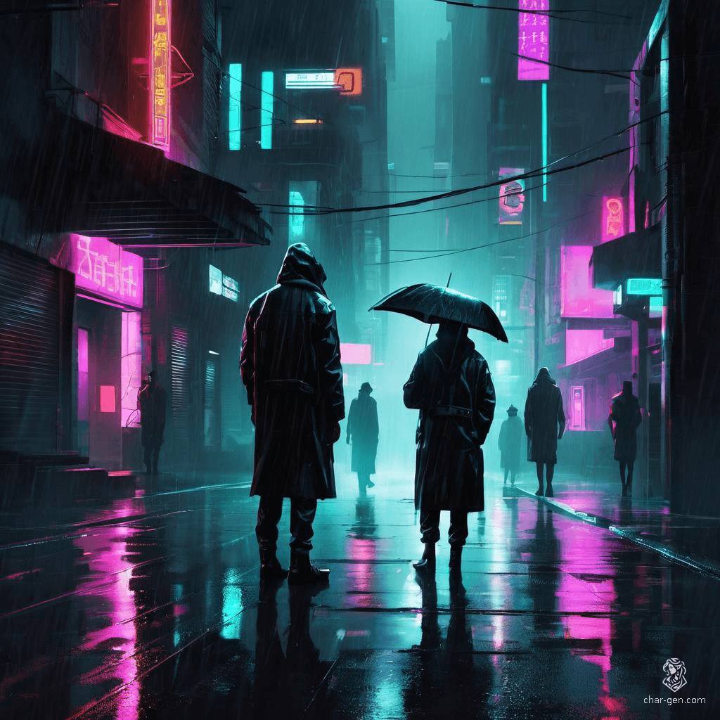 In a moody, tech-noir cityscape, rain-soaked streets glisten under glaring neon lights. Shadowy figures drift through dark alleys, sleek cybernetic elements blend with futuristic urban design, and high-contrast visuals evoke a sense of imminent danger lurking around every corner.