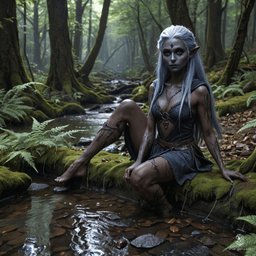 A wild and rugged female dark elf (drow) warrior with contrasting tan and grayish-black skin, long jet-black hair, and striking purple eyes. She possesses a toned physique and embodies the fierce spirit of a barbarian.