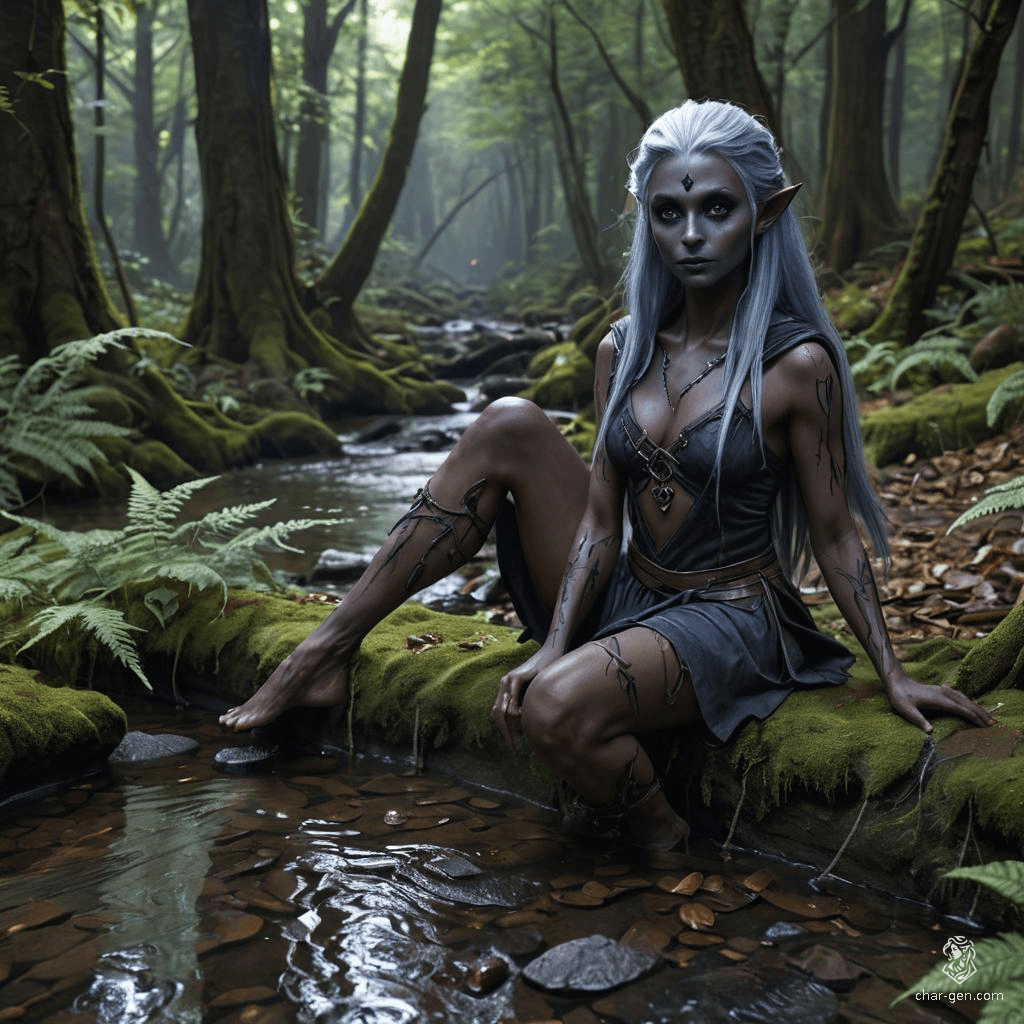 A wild and rugged female dark elf (drow) warrior with contrasting tan and grayish-black skin, long jet-black hair, and striking purple eyes. She possesses a toned physique and embodies the fierce spirit of a barbarian.