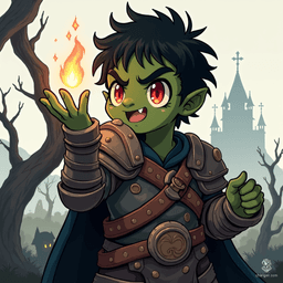 The towering Orc warrior, with green skin and red eyes, reaches for the heavens, a soft glow radiating from his palm. Clad in steel and dark leather, he brandishes a battle axe, embodying both strength and a quest for divine favor amidst his rugged bravado.