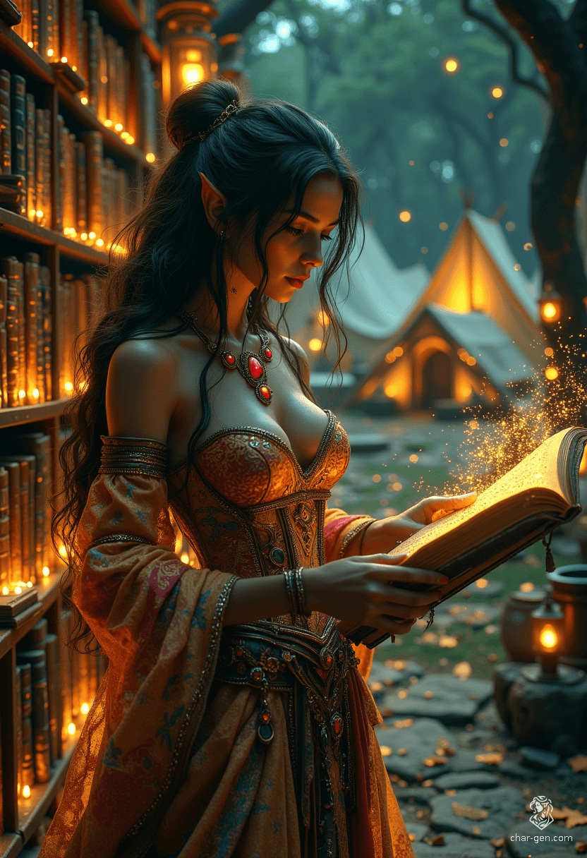 A half-elf sorceress with olive skin and striking dark eyes, she embodies both grace and power. Dressed in chic, richly patterned garments, her aura sparks with magic as she meticulously catalogues ancient texts in the library's enchanting depths, preserving the wisdom of ages.