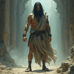 A tall, ragged prisoner, clad in tattered garments and leather sandals, exudes an ethereal aura. With long black hair framing an angry visage, he embodies a haunting blend of magnificence and magic, capturing the viewer's imagination in a painterly, otherworldly realm of fantasy.