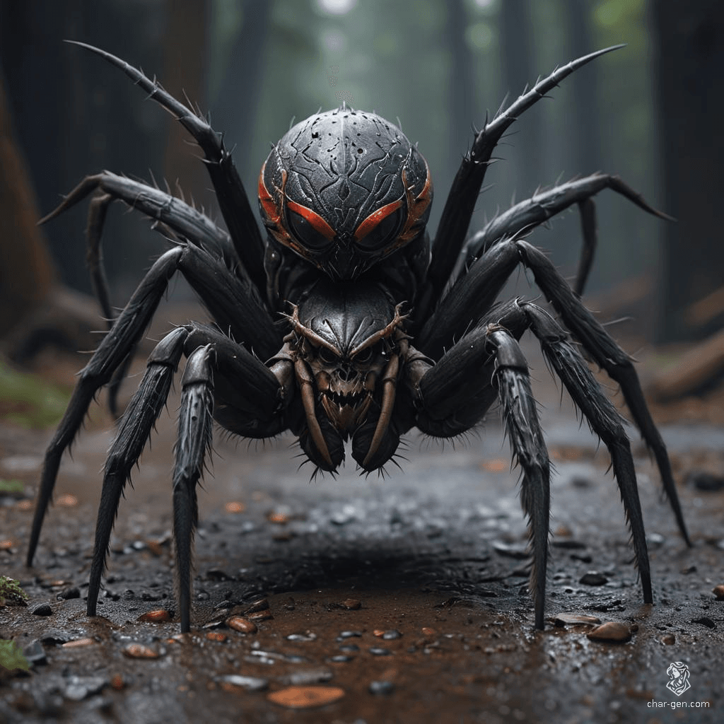 The Drider is a fearsome hybrid with the upper body of a drow dark elf and the lower body of a giant spider. It has eight legs, sharp fangs, and a venomous bite. Its bloodied skin texture contrasts starkly, enhancing its monstrous appearance.