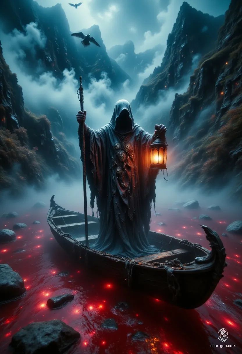 An ancient crone, her haggard features etched with the wisdom of ages, commands arcane forces. Her frail frame cloaked in tattered robes, she stands on an eerie vessel adrift in a blood-red sea. Surrounded by fog, she conjures whispers of lost souls, the dim glow of her lantern illuminating their haunting faces.