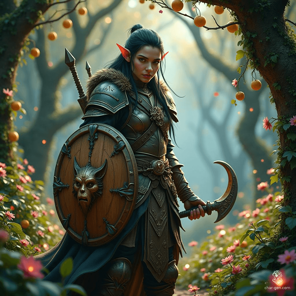 A male wood elf druid, adept in the art of hunting, melds with nature in lush forests and towering mountains. His fair skin and jet black hair contrast with the earth around him. Armed with a moon sickle and a wooden shield bearing an ancient face, he commands the primal forces of the wilderness.