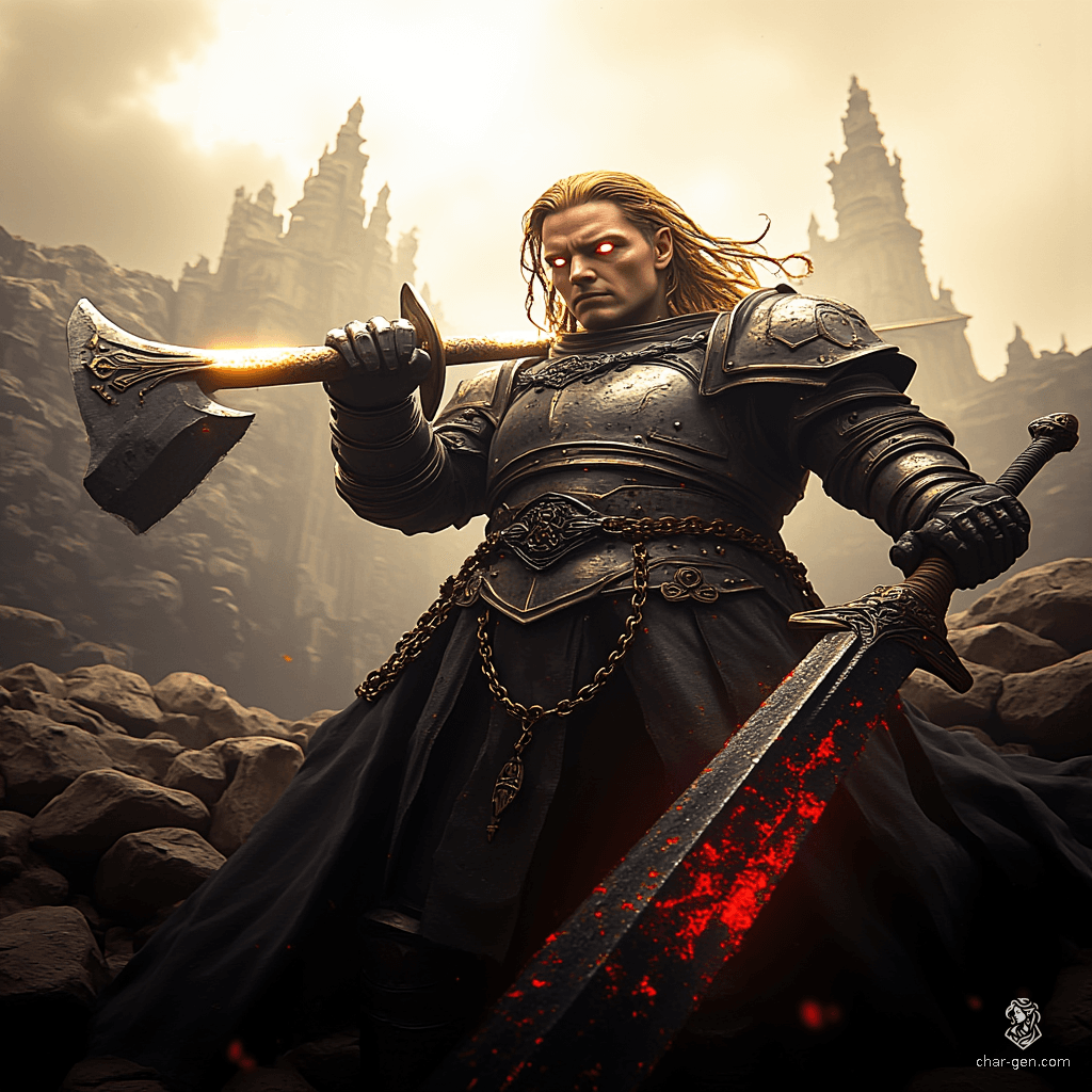 Puriel is a striking aasimar warrior, exuding strength and confidence. His intricately detailed chain mail glimmers with a holy glow, while his unusual colored eyes and shimmering halo hint at his angelic lineage. Gripping a formidable greataxe, he stands tall, embodying the essence of a devoted battlemaster.
