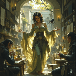 Meet Maryam, a graceful, tan-skinned elf forensic medicine investigator. With flowing tea-colored hair and bright topaz eyes, she balances curiosity and care. Dressed in practical, renaissance-inspired attire, she navigates her cozy alchemical lab, deeply engrossed in witchcraft and science, alongside her ghostly spider familiar.