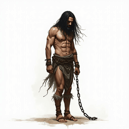 Meet Kael, a towering, gaunt figure shackled in chains, his long black hair framing a face etched with fury. Once a noble warrior, he now haunts the ethereal realm, embodying both anguish and resilience, captivating all with his majestic, otherworldly presence.