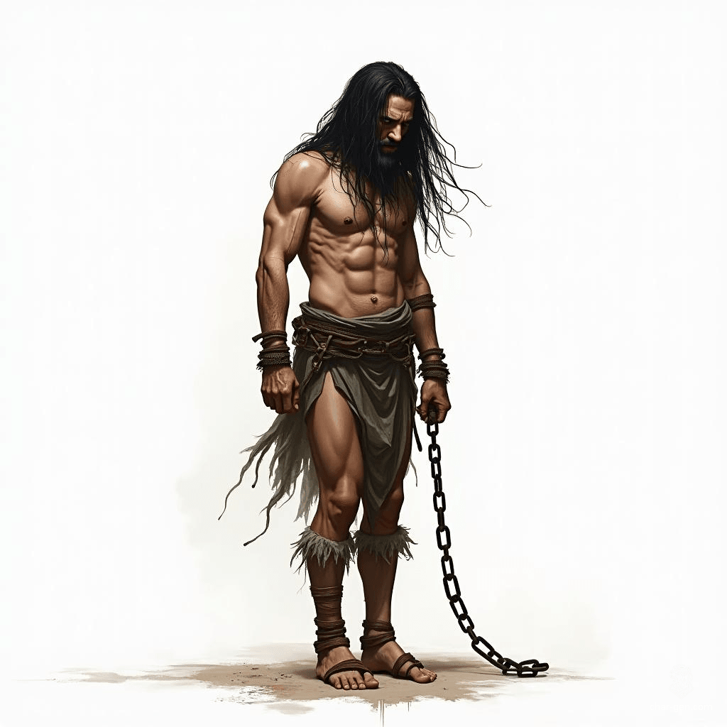 Meet Kael, a towering, gaunt figure shackled in chains, his long black hair framing a face etched with fury. Once a noble warrior, he now haunts the ethereal realm, embodying both anguish and resilience, captivating all with his majestic, otherworldly presence.