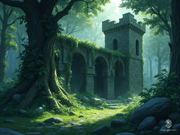 Deep within the shadowy Neverwinter Wood lies an overgrown, ruined castle. Partially collapsed, its moss-clad stone walls and serpentine vines whisper tales of forgotten grandeur, veiled in an embrace of thick trees and ancient foliage.