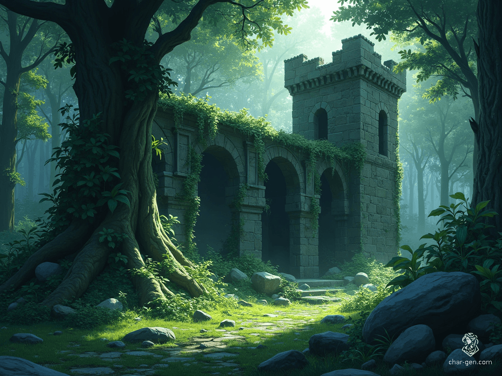 Deep within the shadowy Neverwinter Wood lies an overgrown, ruined castle. Partially collapsed, its moss-clad stone walls and serpentine vines whisper tales of forgotten grandeur, veiled in an embrace of thick trees and ancient foliage.