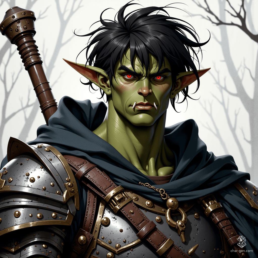A somber half-orc warrior stands with his hand outstretched to the sky, seeking divine favor. A faint, divine glow emanates from his palm, illuminating his prominent tusks and rugged features. Clad in riveted steel armor and a dark cloak, he embodies a haunting blend of strength and vulnerability.
