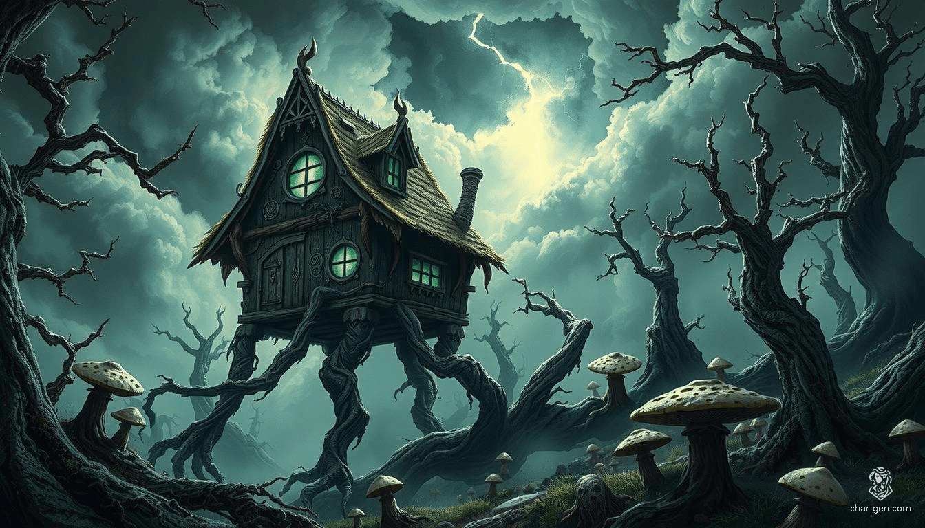 In the heart of a dark, enchanted forest, Baba Yaga's infamous hut stands ominously on colossal, sinewy chicken legs, each gnarled claw digging into the misty earth. The ancient, twisted wooden walls are covered in moss and glowing runes, casting an eerie green light through warped windows. Towering, twisted trees and glowing mushrooms fill the foreboding landscape, while storm clouds and flashes of lightning illuminate the scene, embodying the essence of dark magic and hidden dangers in a rich, dramatic Dungeons & Dragons style.