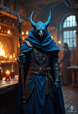 Krackle Brightbeak is a 20-year-old kenku sorcerer with a striking blue skin and raven-like features. Standing at 3'9", he embodies charm and cunning, wielding a quarterstaff and donning an intricately shifting cloak. His aura crackles with unpredictable magic, making him a skilled criminal and spy.